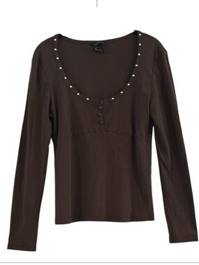 Moda International Brown Long Sleeve Henley Top Silver Studded Scoop Neck Size L